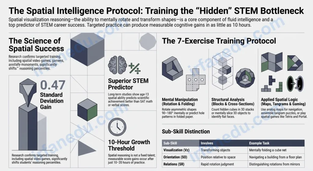 Student solving spatial visualization reasoning puzzles with 3D shapes and mental rotation diagrams on a desk