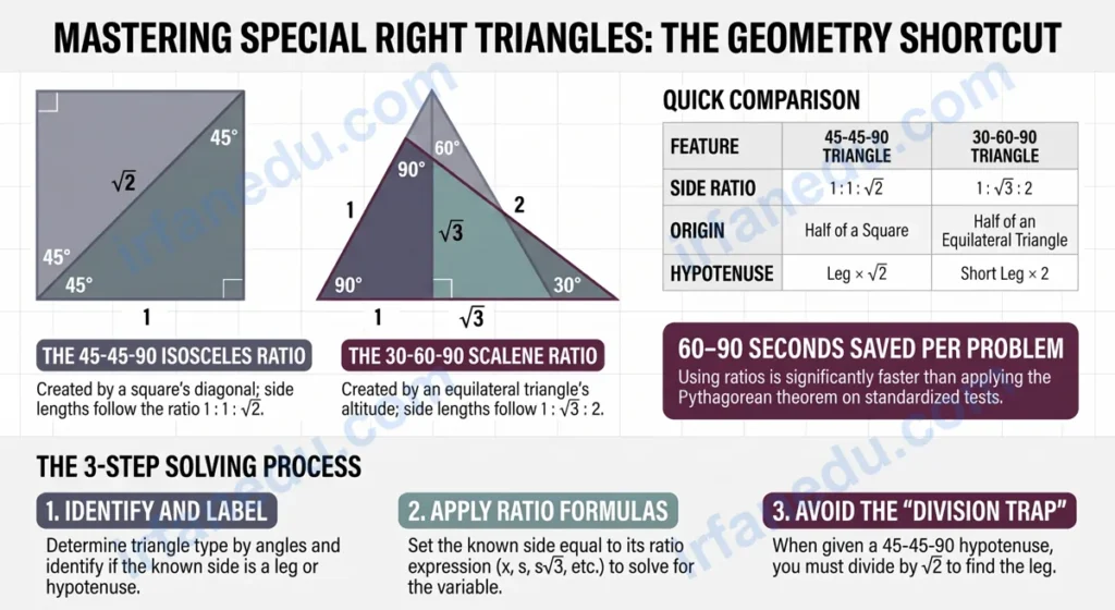 Special right triangles worksheet showing 45-45-90 and 30-60-90 triangle diagrams with labeled sides and formulas