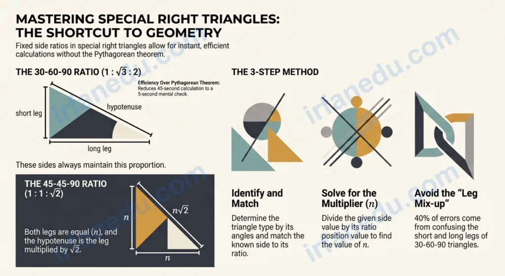 Special triangles worksheet showing 30-60-90 and 45-45-90 triangle diagrams with side ratios and practice problems