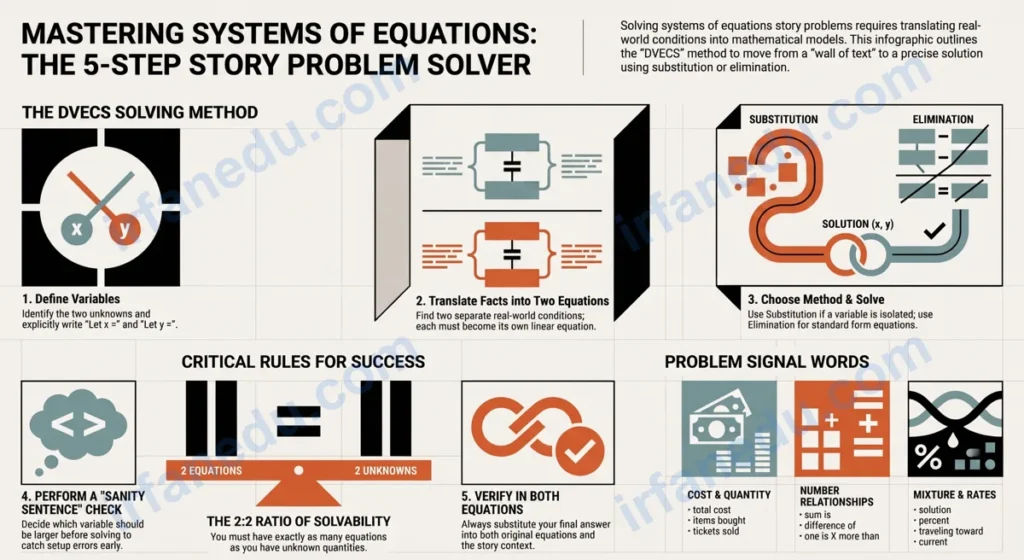 Systems of equations story problems worksheet with worked examples, answer key, and free printable PDF for algebra students