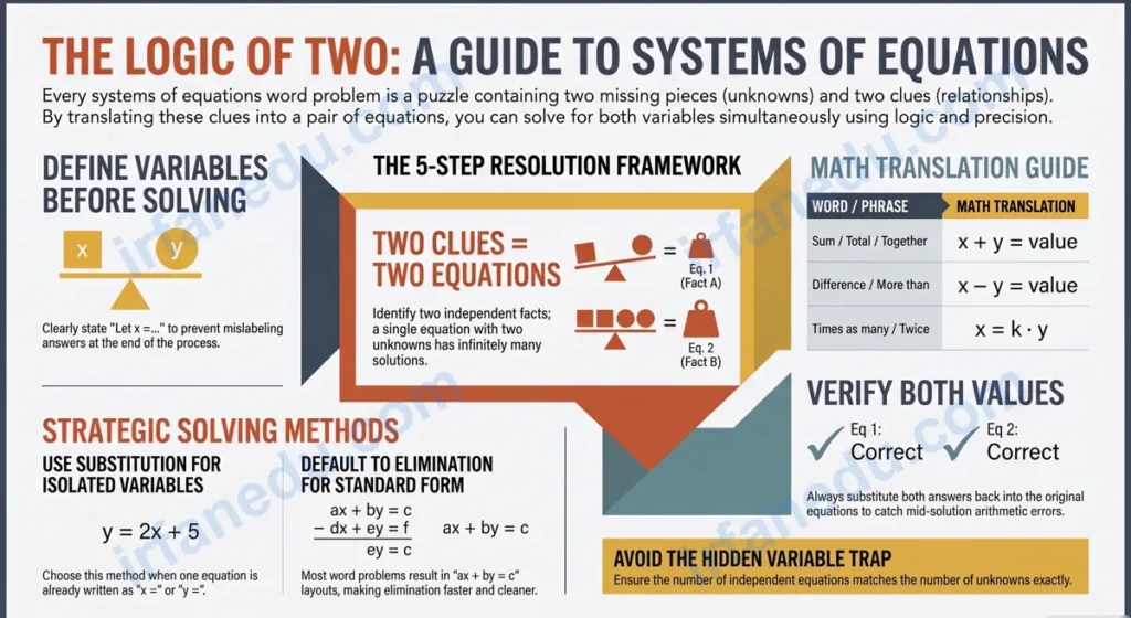 Systems of equations word problems step-by-step guide with two-variable examples and worked solutions for students