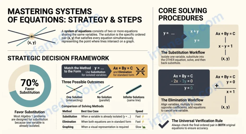 Systems of equations worksheet with substitution and elimination method practice problems and answer key for algebra students