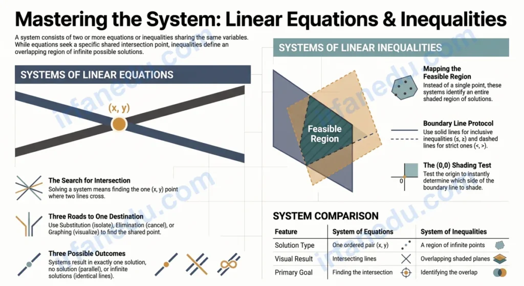 Systems of linear equations and inequalities graph showing two intersecting lines and a shaded solution region on coordinate plane