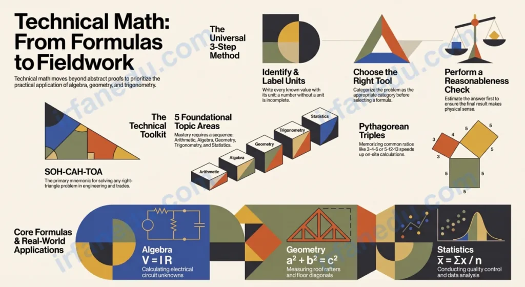 Technical math formulas and diagrams on a teal chalkboard showing algebra, geometry, and trigonometry concepts for students