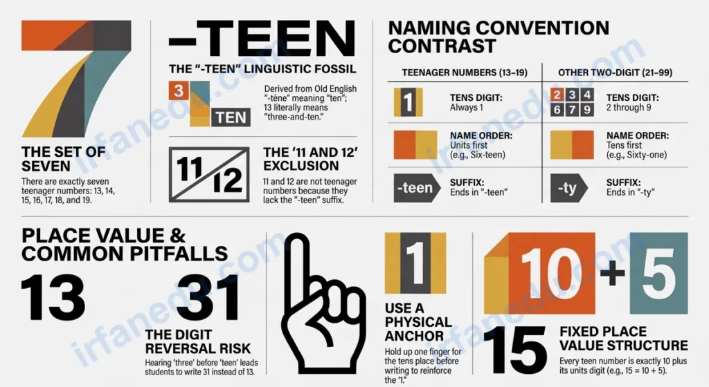 Teenager numbers 13 to 19 displayed on a colorful number line with place value breakdown and fun math facts