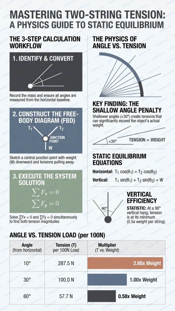 Tension calculator diagram showing two strings at different angles supporting a hanging mass in static equilibrium