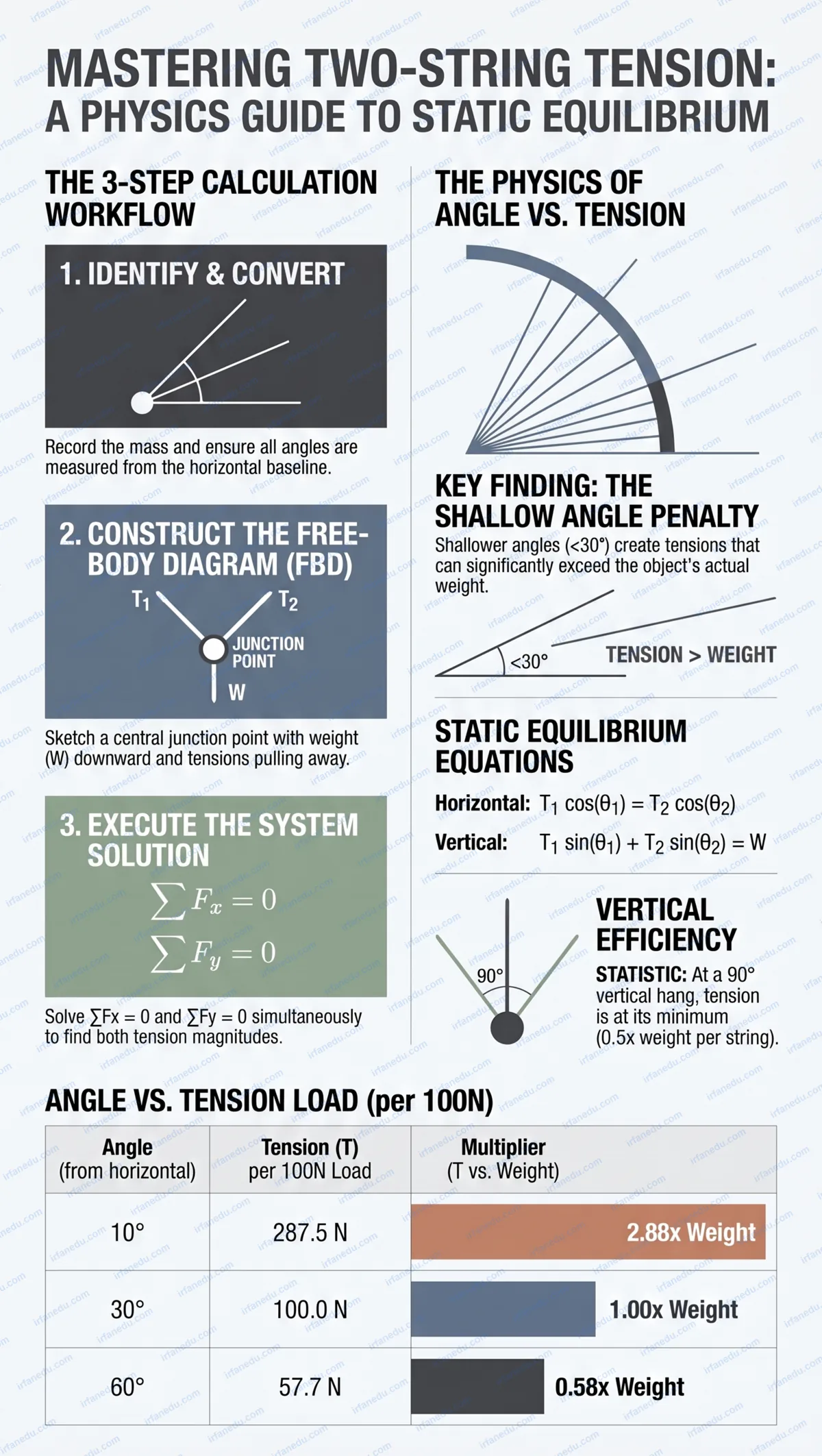 Tension calculator for two strings at different angles showing T1 and T2 force diagram with equilibrium equations