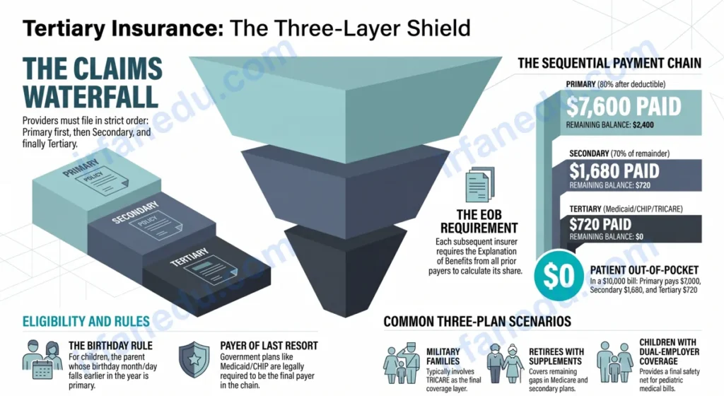 Diagram showing three layers of insurance coverage: primary, secondary, and tertiary insurance paying a medical bill step by step