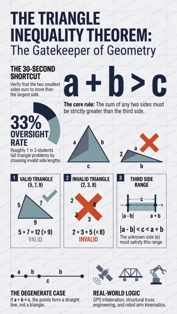 Triangle inequality theorem diagram showing three sides a b and c with labeled inequalities
