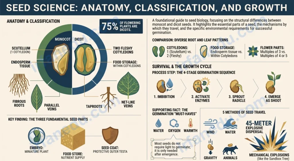 Types of seeds diagram showing monocot vs dicot seed structure with labeled parts for students