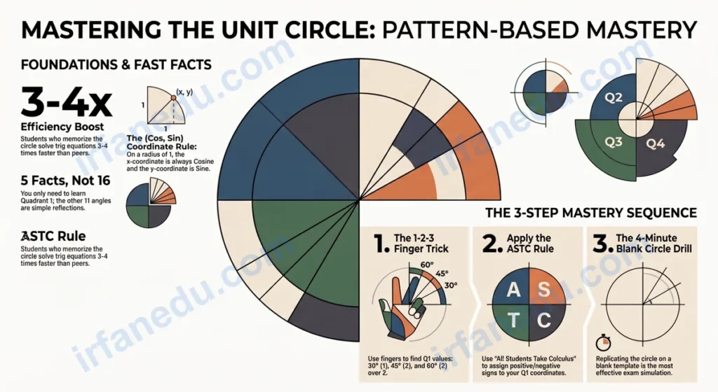 Colorful unit circle memorization game diagram showing 16 key angles with sine cosine values and trig quadrant tricks