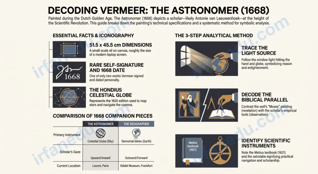 Vermeer painting The Astronomer 1668 man studying celestial globe by candlelit window Dutch Golden Age