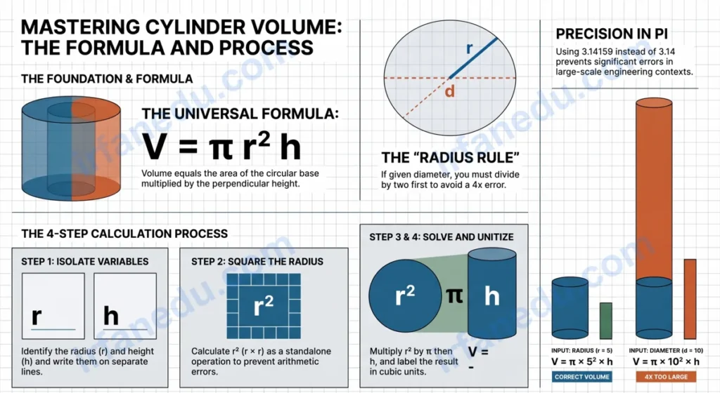 Volume of a cylinder worksheet showing formula V=pi r squared h with labeled diagram and practice problems for grades 7-9