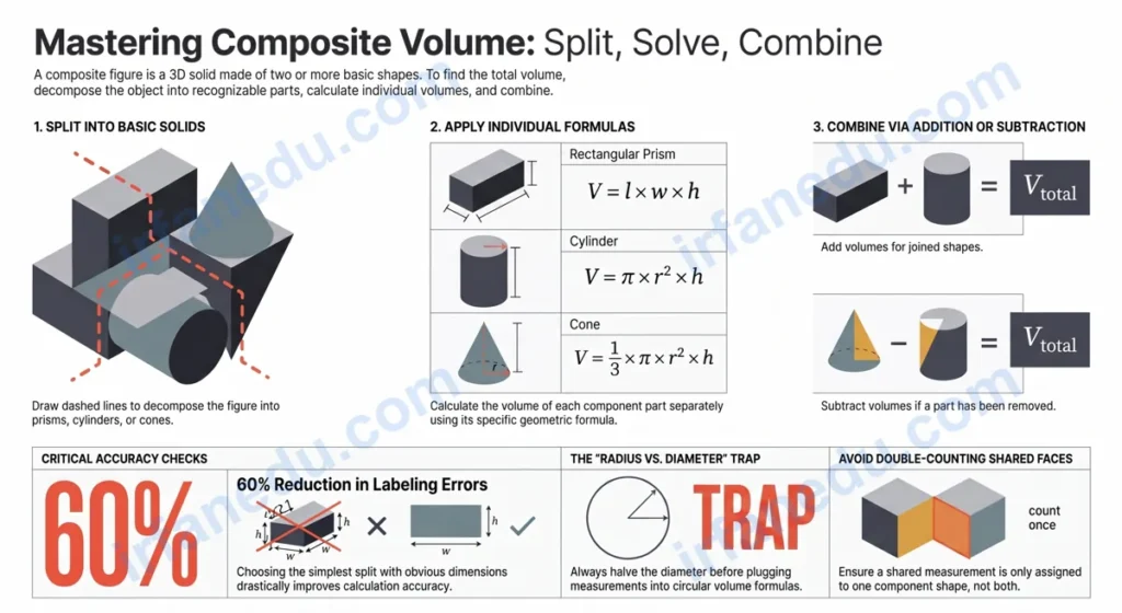 Volume of composite figures worksheet showing 3D shapes split into rectangular prisms and cylinders with labeled dimensions