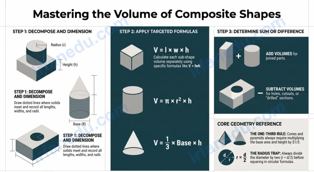 Volume of composite shapes worksheet showing a step-by-step diagram of a cylinder on top of a rectangular prism with labeled dimensions