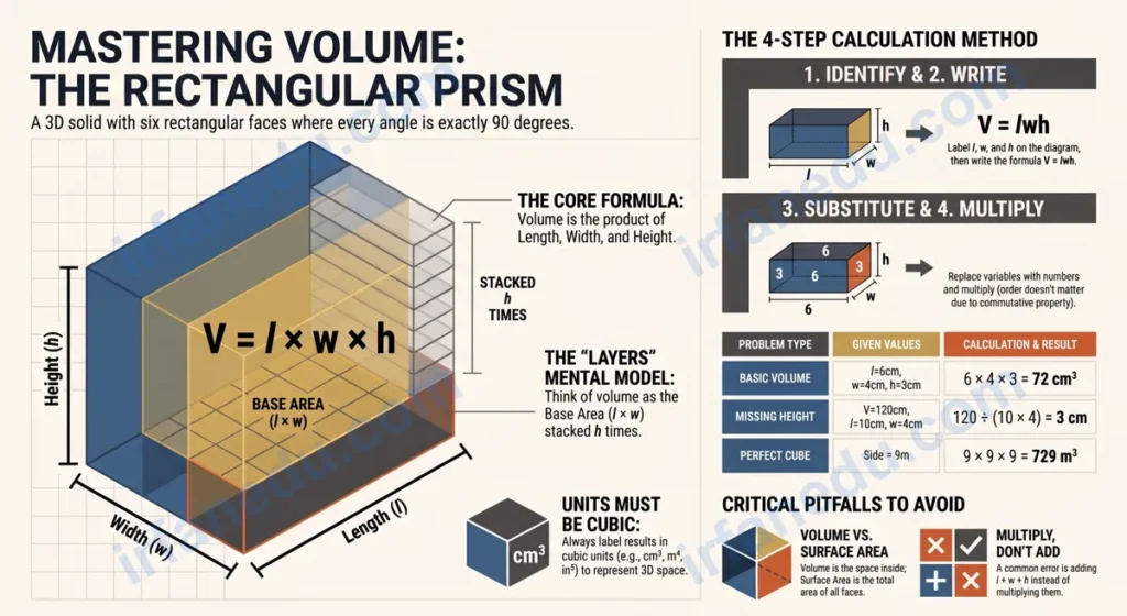 Volume of rectangular prism worksheet with labeled diagram showing length width height formula V equals l times w times h