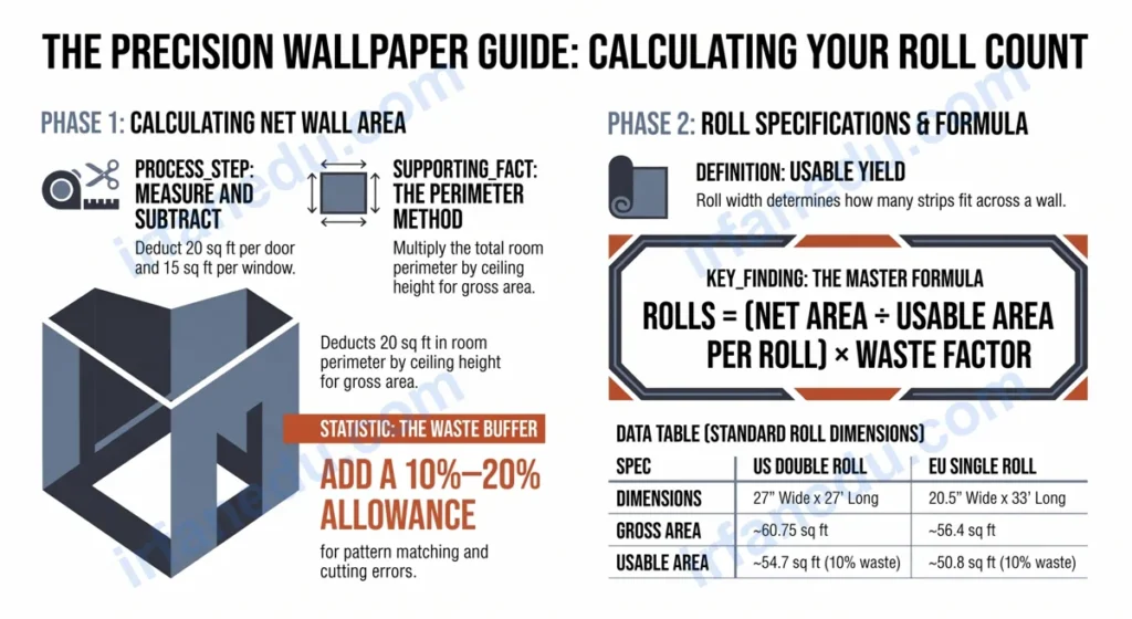 Wallpaper calculator tool showing room dimensions, roll size inputs, and calculated number of wallpaper rolls needed for a bedroom