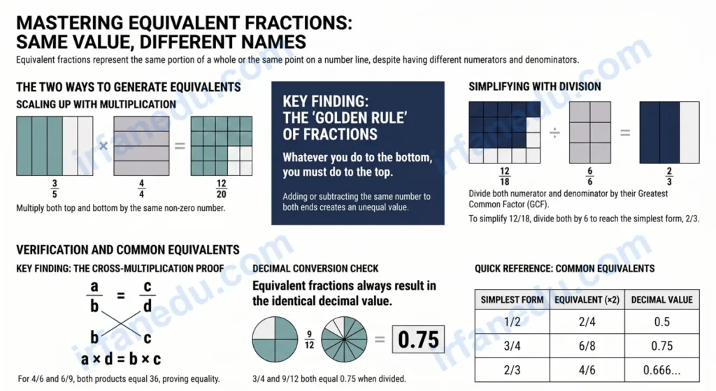 Colorful visual chart showing which fraction is equal to another with equivalent fraction examples and number lines