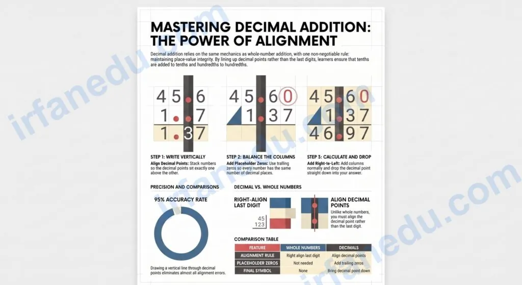 Adding decimals worksheet printable PDF with step-by-step worked examples and answer key for grades 4-6