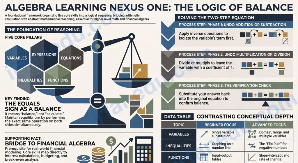 Algebra Learning Nexus One visual guide showing equations, variables, and step-by-step problem solving for students
