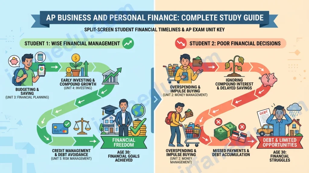 AP Business and Personal Finance study guide showing budgeting, investing and credit concepts for high school students