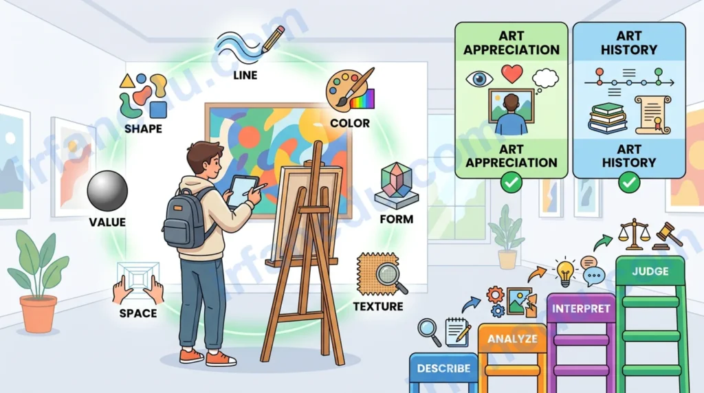 Student analyzing a colorful painting in an art appreciation class with notes and art elements chart nearby