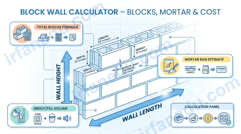 Block wall calculator showing cinder block count, mortar bags, and wall dimensions on a construction site diagram