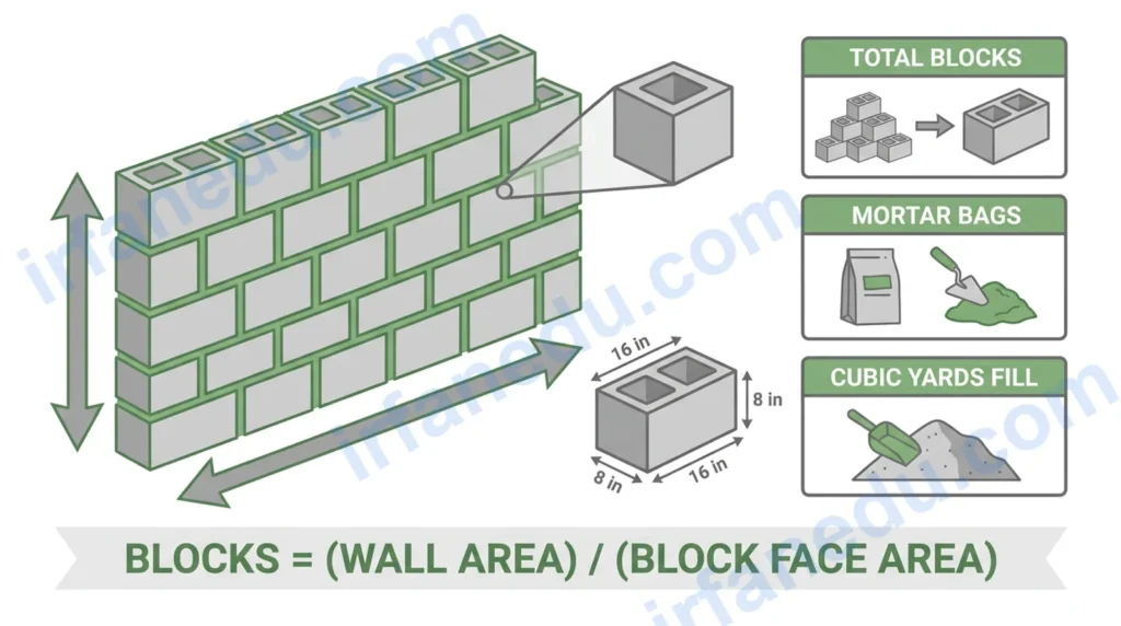 Cement block calculator tool showing CMU wall dimensions, block count, mortar bags, and fill volume on a construction site background