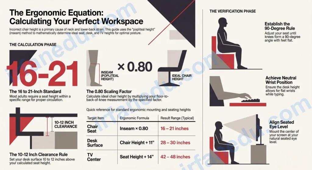 Chair height calculator diagram showing ergonomic seat height measurement based on person's leg length and desk height