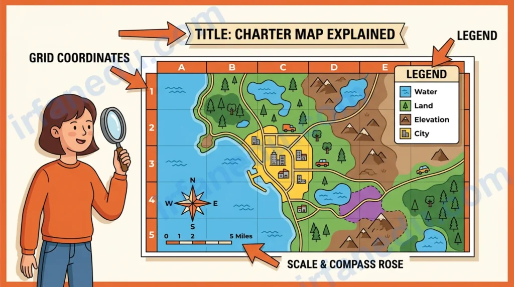 Charter map example showing labeled sections, legend, and grid layout for students learning how to read a charter map
