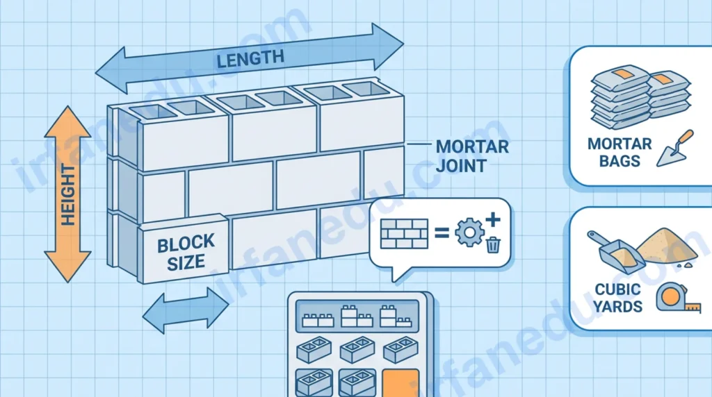 Cinder block calculator tool showing CMU wall with block count, mortar bags, and cost estimate on a blueprint background
