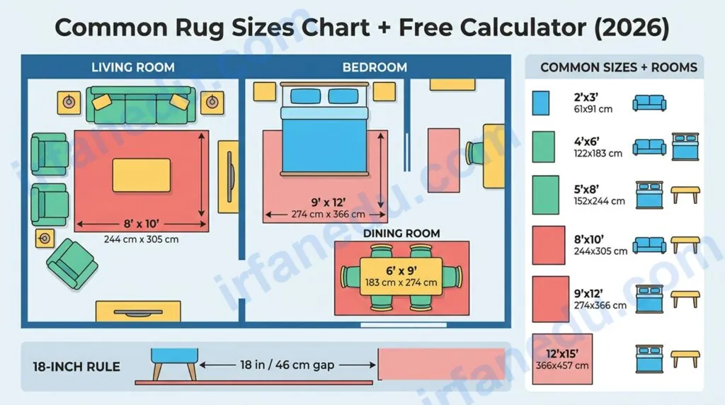 Common rug sizes chart showing standard rug dimensions for living room bedroom and dining room on a floor plan diagram