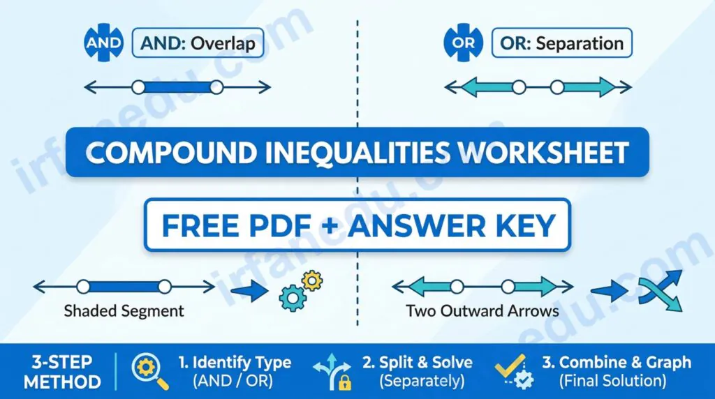 Compound inequalities worksheet showing solved and/or inequality problems on a number line with answer key