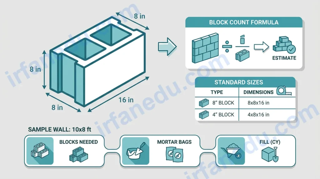 Concrete block calculator showing CMU wall with block count, mortar bags, and fill volume on a construction site diagram