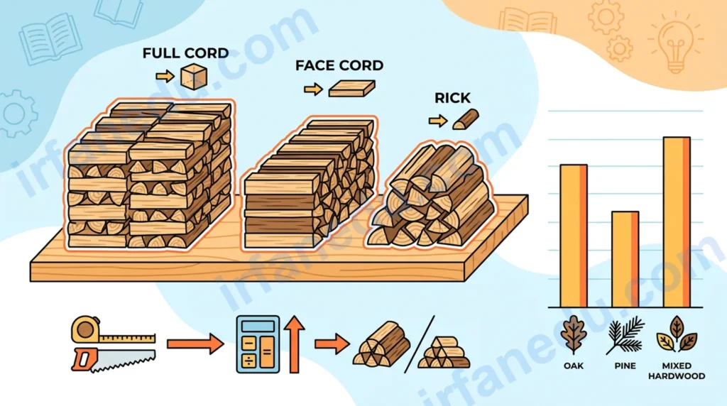 Cord wood calculator showing a neatly stacked firewood pile with dimensions labeled for length, width and height in feet