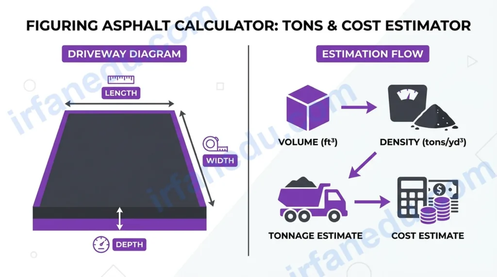 Figuring asphalt calculator showing driveway dimensions, tonnage result and cost estimate on a construction site background