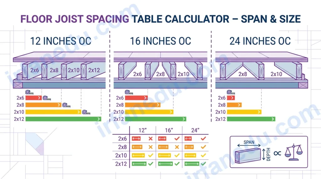 Floor joist spacing table calculator showing lumber sizes, span distances, and on-center spacing for residential floor framing