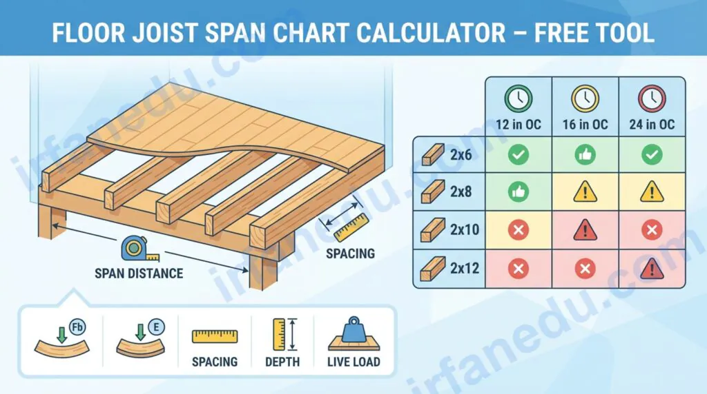 Floor joist span chart calculator showing lumber sizes, spacing, and maximum span distances for residential construction