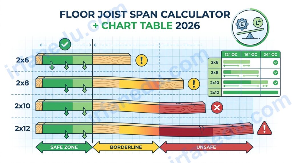 Floor joist span chart table calculator showing safe spans for 2x6 2x8 2x10 2x12 lumber joists