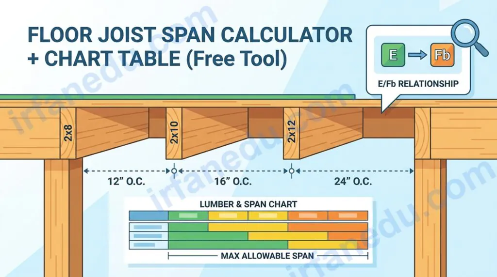Floor joist span chart table calculator showing lumber sizes, spacing, and maximum safe span distances for residential construction
