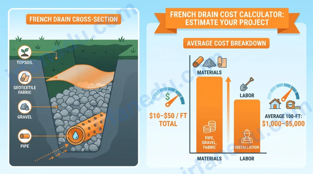 French drain cost calculator showing pipe, gravel, and trench diagram with cost breakdown chart