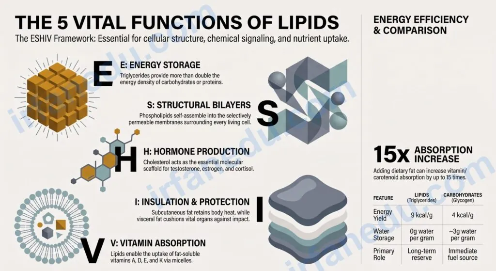 Diagram showing the five major functions of lipids in the human body including energy storage membrane structure and hormones