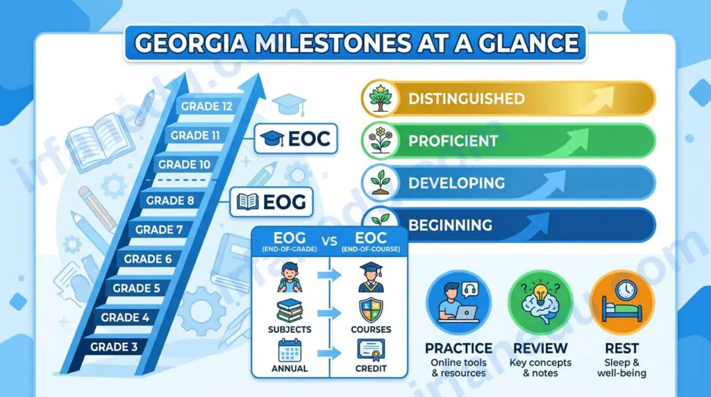 Georgia Milestones test guide showing score levels, grade breakdown, and student prep strategies on a blue infographic