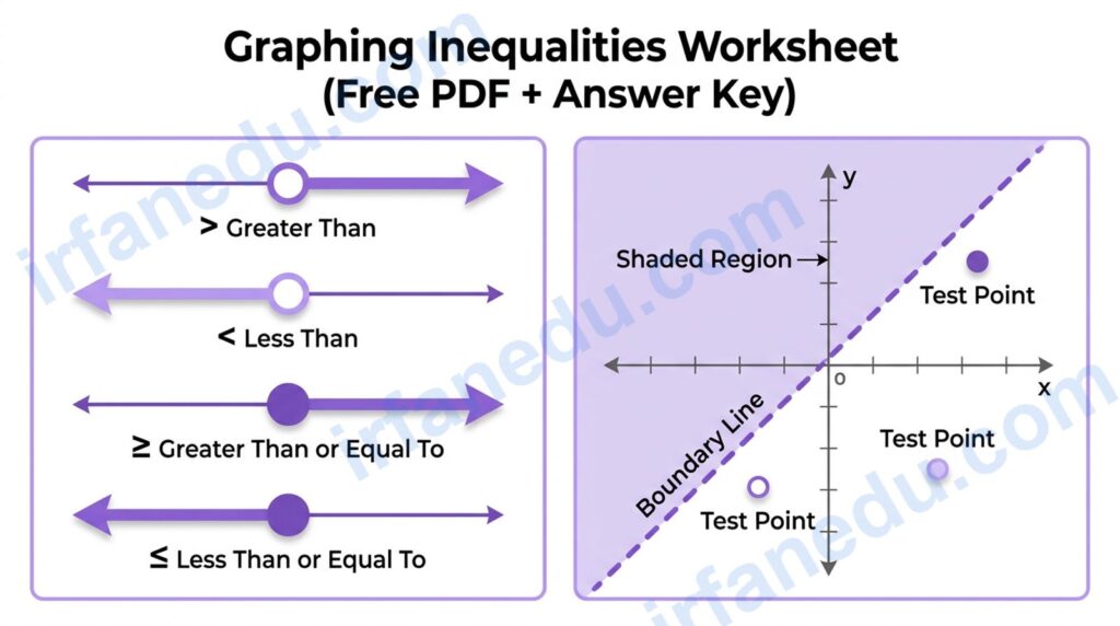 Graphing inequalities worksheet showing number line and coordinate plane examples with shaded regions and open closed circles