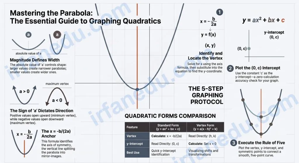 Graphing quadratic functions worksheet showing parabola on coordinate grid with vertex axis of symmetry labeled