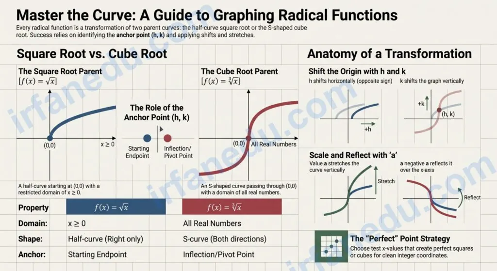 Graphing radical functions — square root and cube root graphs with transformations shown on coordinate plane