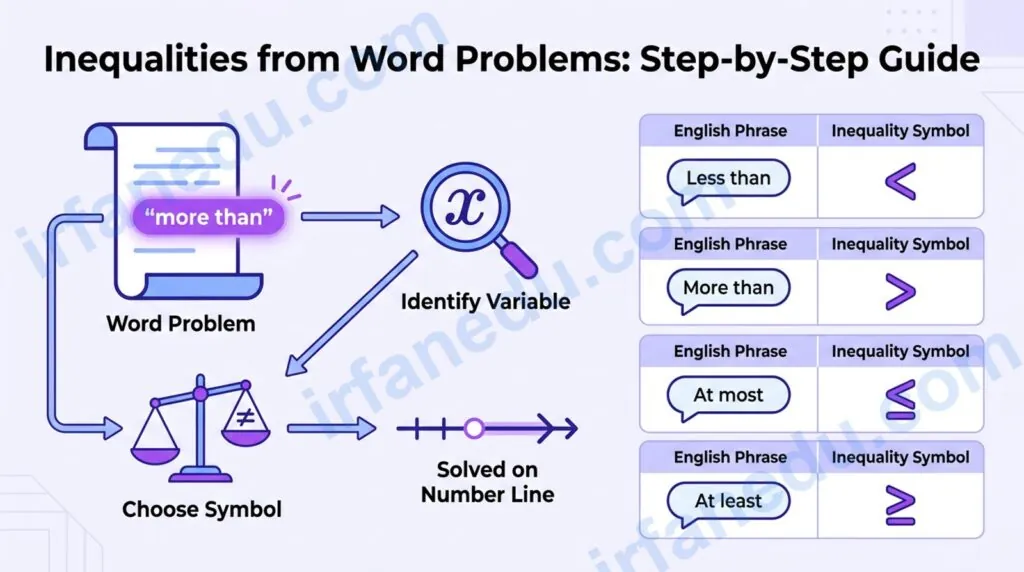 Step-by-step guide to solving inequalities from word problems with worked examples and inequality symbols on a purple chalkboard