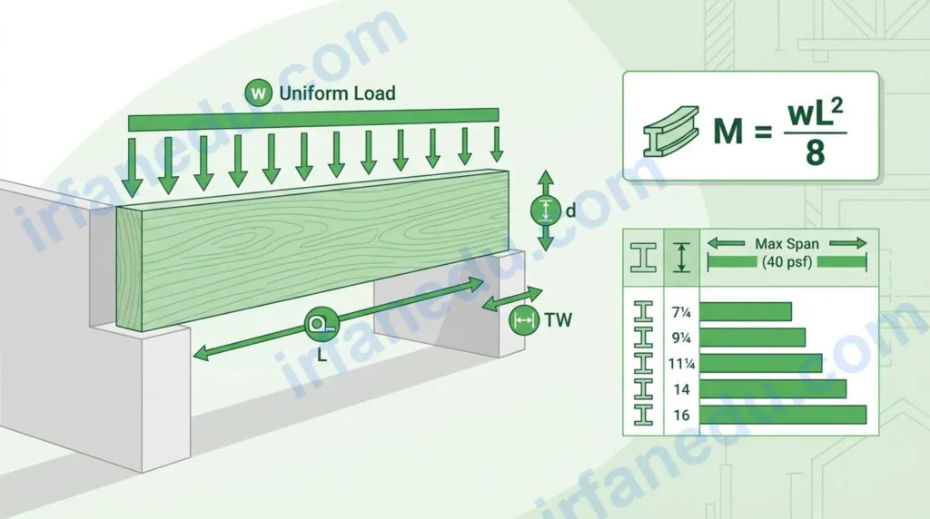LVL beam span calculator tool showing beam length, load, and depth inputs with a structural diagram of a floor joist span