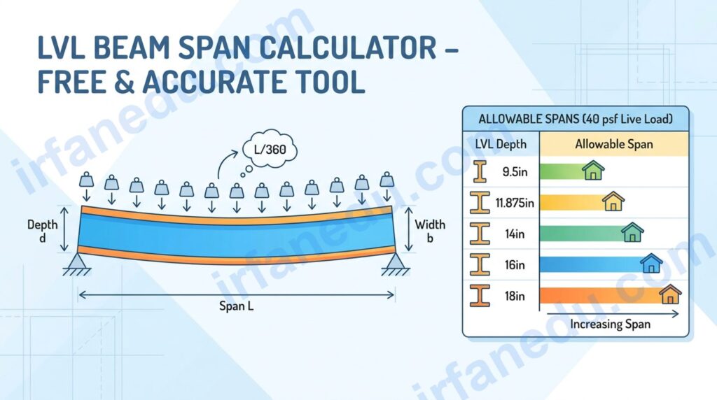 LVL beam span calculator tool showing beam dimensions, load inputs, and safe span result with floor joist span chart