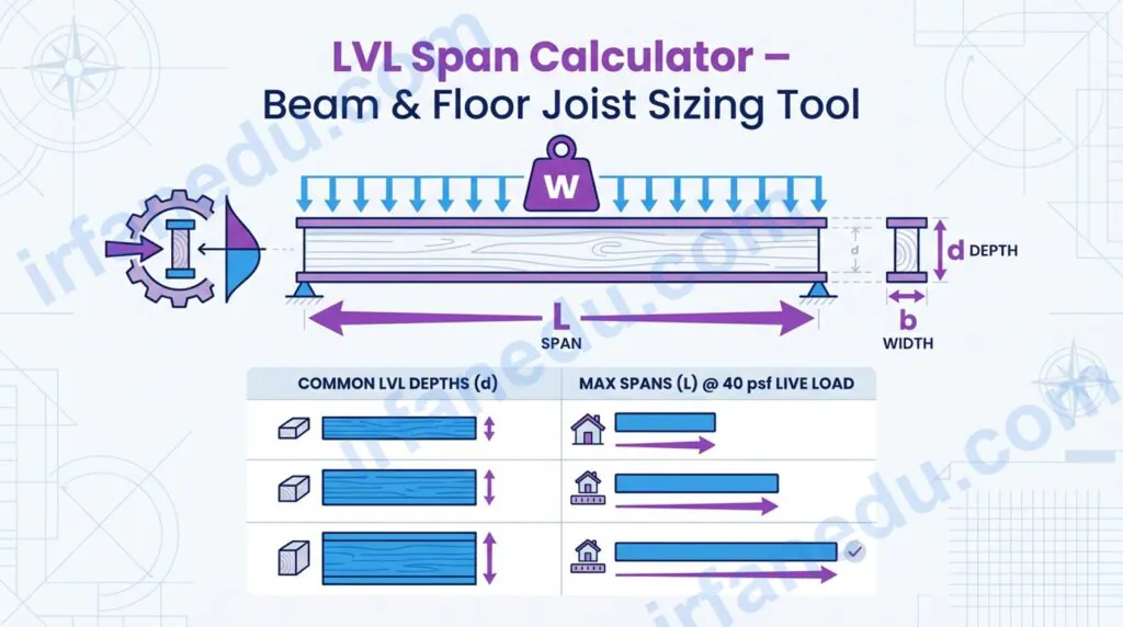 LVL span calculator tool showing beam depth, load and maximum span results for floor joist sizing